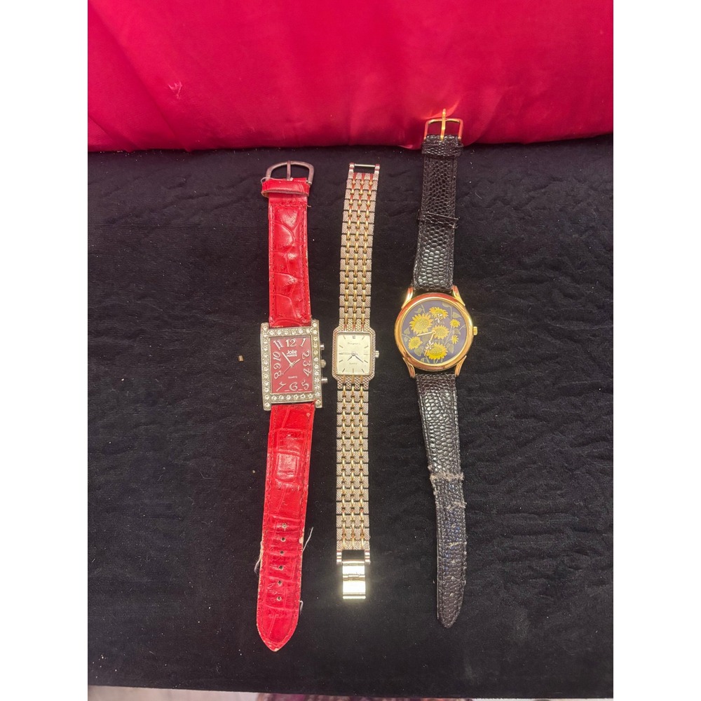 Vintage Womens Watch Lot Jolie Montre Red Rhinestone Sunflower Designer II 3pc